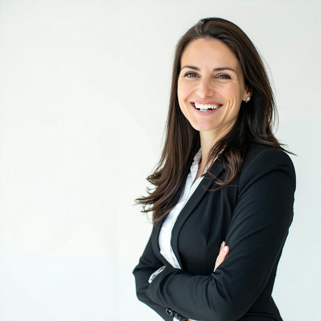 A professional headshot of a female software developer in business attire smiling confidently in a realistic style A professional headshot of a female software developer in business attire smiling confidently in a realistic style