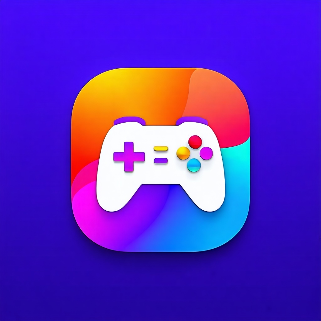 Design a colorful minimalistic mobile app icon with rounded square background the icon should use a bold flatcolor gradient background eg orange blue purple green pink and a clean white linestyle symbol in the center representing feature like gaming