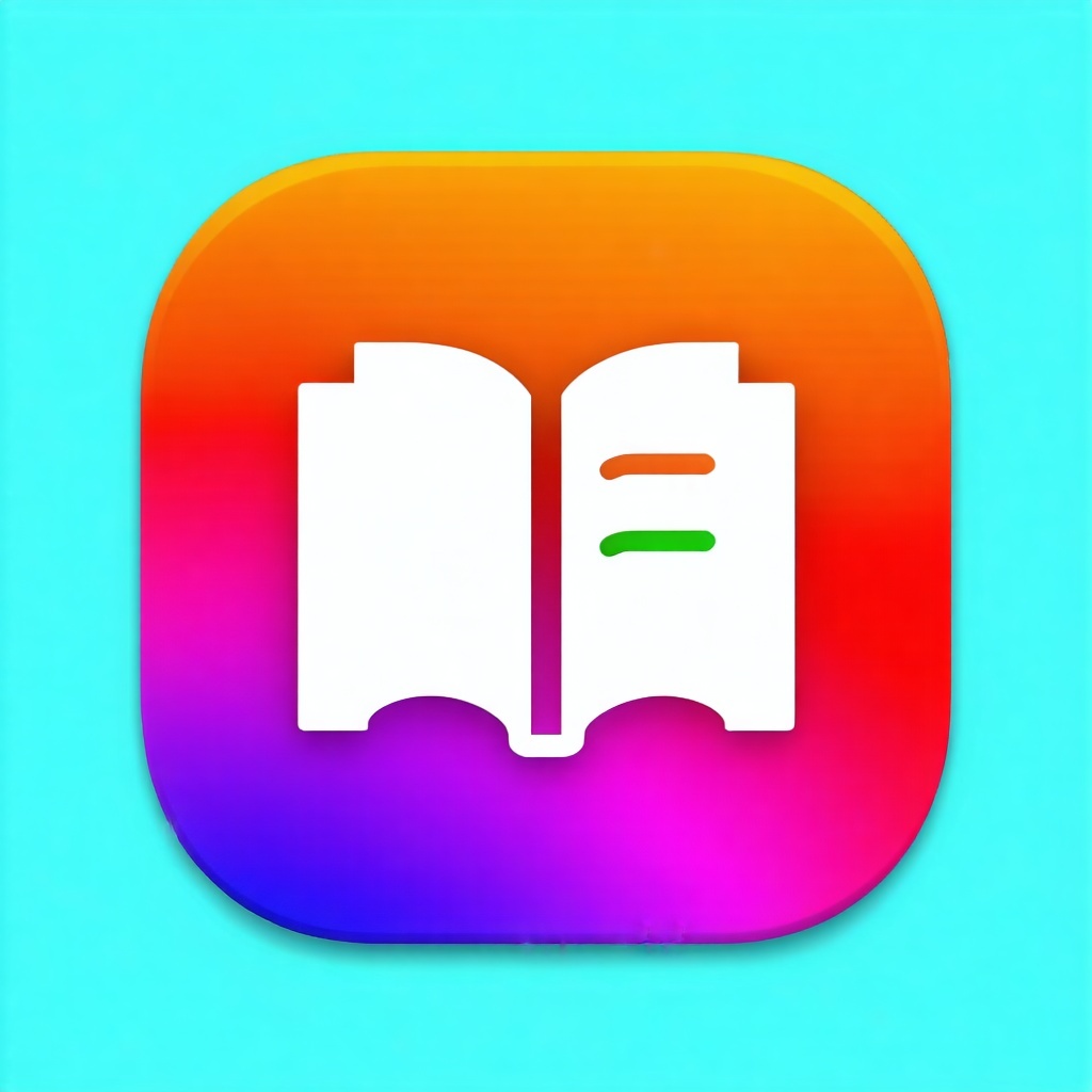 Design a colorful minimalistic mobile app icon with rounded square background the icon should use a bold flatcolor gradient background eg orange blue purple green pink and a clean white linestyle symbol in the center representing features like books