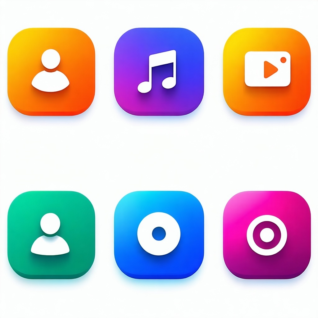 Design a set of colorful minimalistic mobile app icons with rounded square backgrounds Each icon should use a bold flatcolor gradient background eg orange blue purple green pink and a clean white linestyle symbol in the center representing features l-1