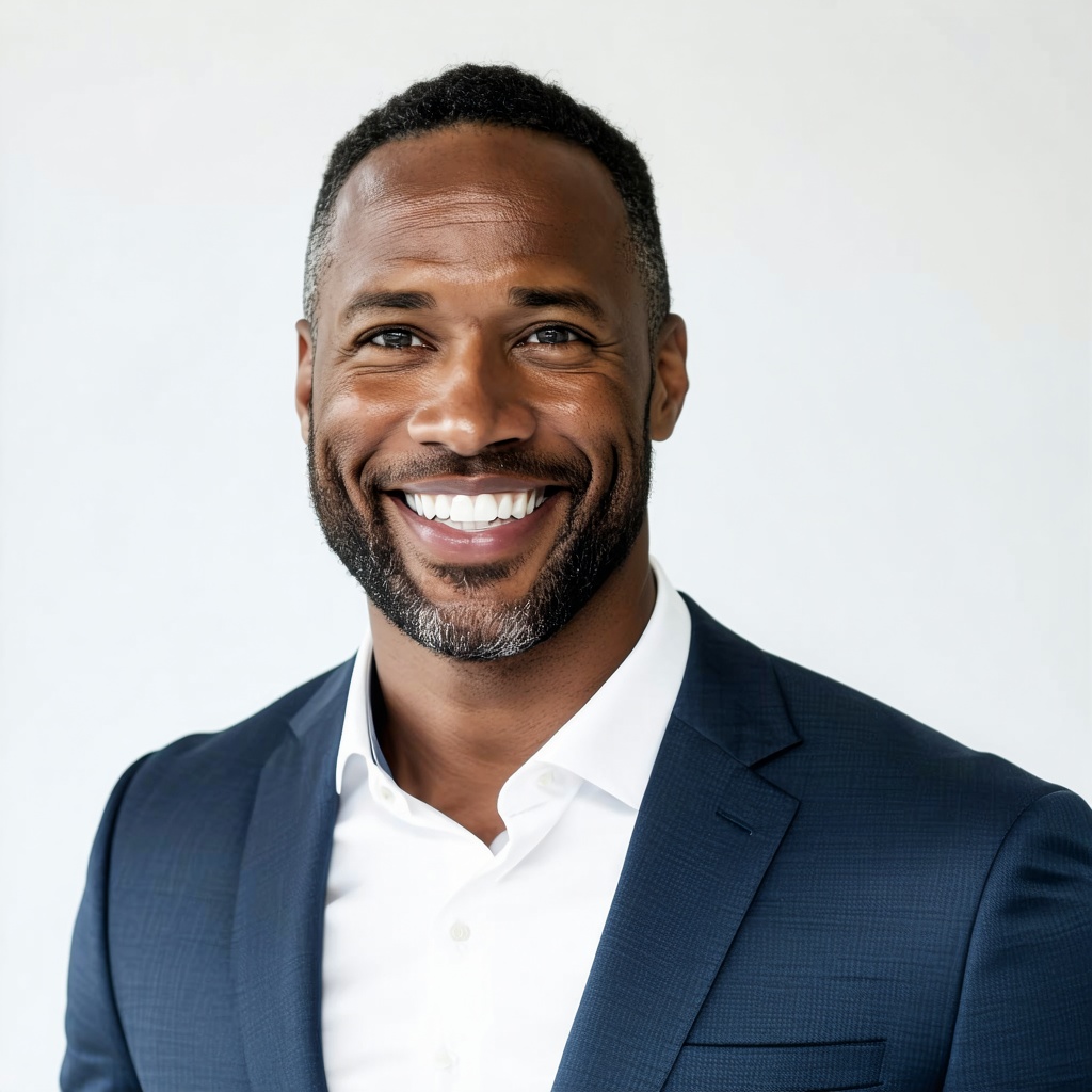 A professional headshot of a male black person in business attire smiling confidently in a realistic style