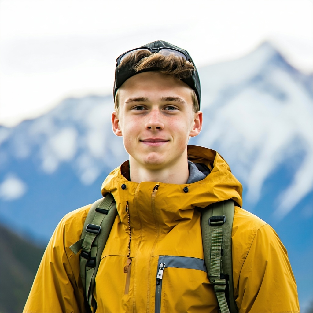 A professional headshot of a youth person in outdoors attire looking confidently in a realistic style
