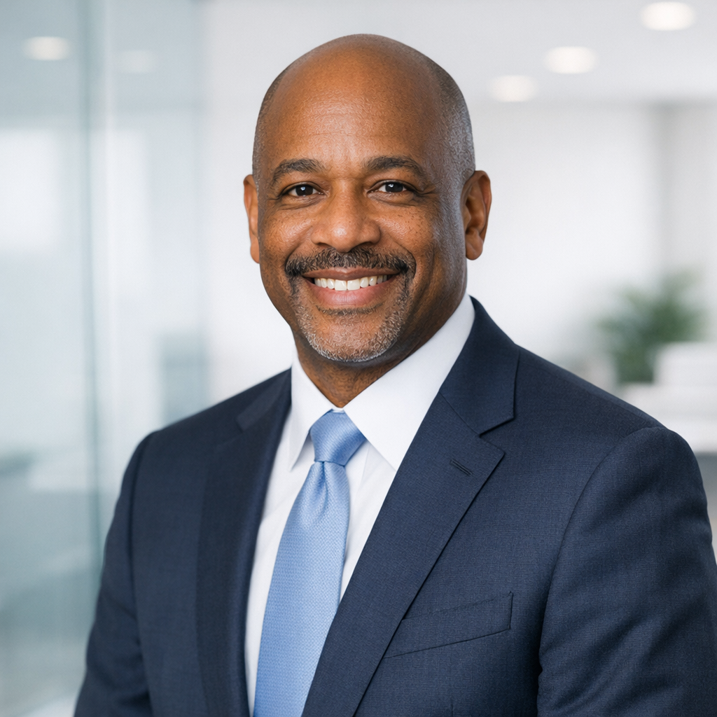 Professional headshot of community leader in clean, minimalist business setting
