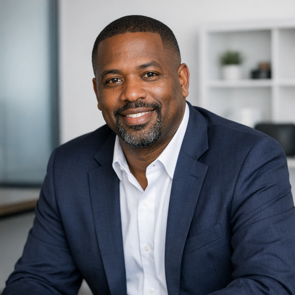 Professional portrait of Marcus Thompson in modern minimalist office setting