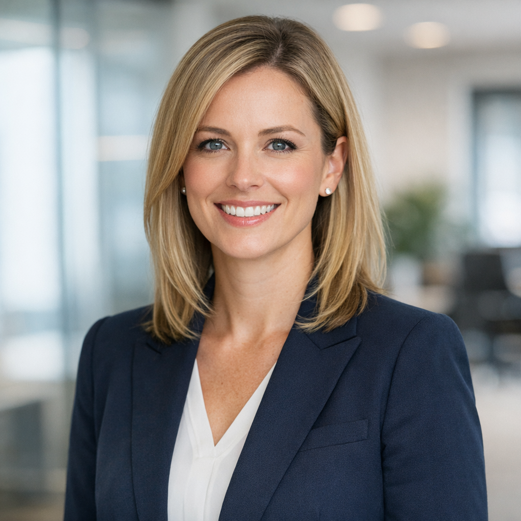 Professional headshot of Sarah Mitchell in a clean, modern office environment